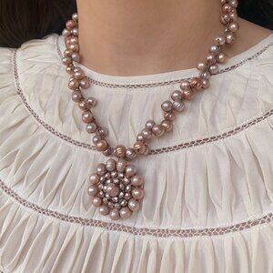 Handmade Pastel Purple Natural Pearl Cluster Knotted Bead Round Pendant Necklace